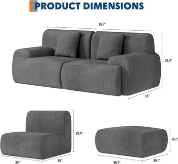 Garvee Boneless Loveseat Couch, Cloud Sofa with Corduroy  Fabric, Deep Seat Modular Couch for Living Room Bedroom, Small Space Couches for Living Room,Grey