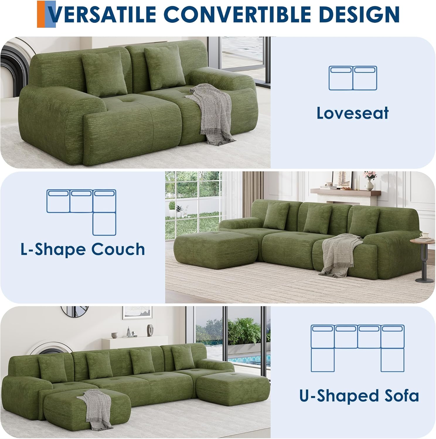 Garvee Boneless Loveseat Couch, Cloud Sofa with Corduroy  Fabric, Deep Seat Modular Couch for Living Room Bedroom, Small Space Couches for Living Room,Green