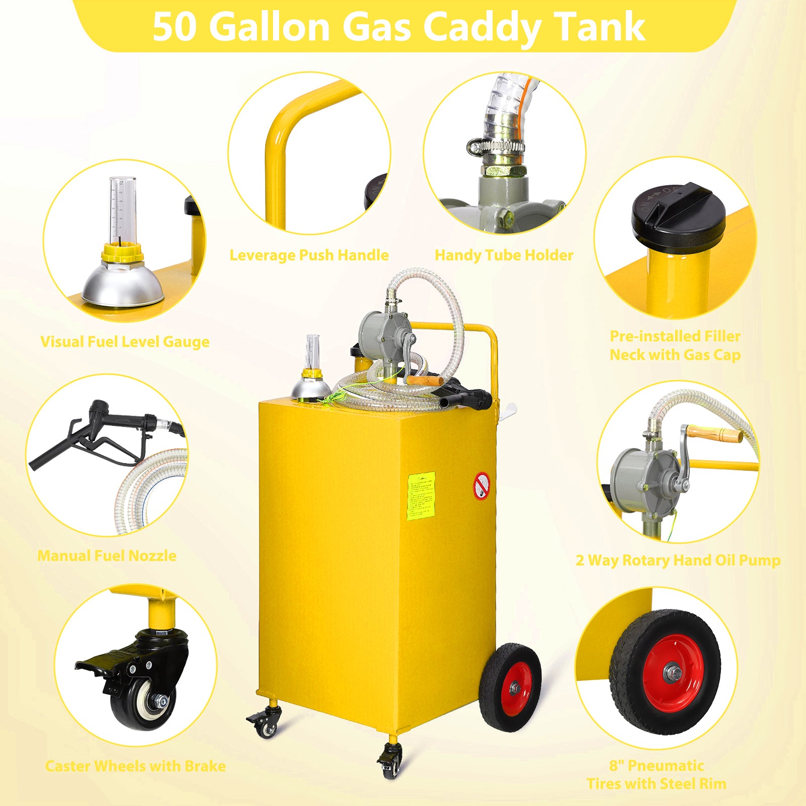 Garvee Heavy Duty Portable Fuel Caddy – 50 Gallon HDPE Transfer Tank with Manual Two-Way Pump, Grounding Wire, Spill-Proof Design, Visible Fuel Gauge – 4 Wheels – For Car, Truck, Boat, Farm, Garage – Yellow