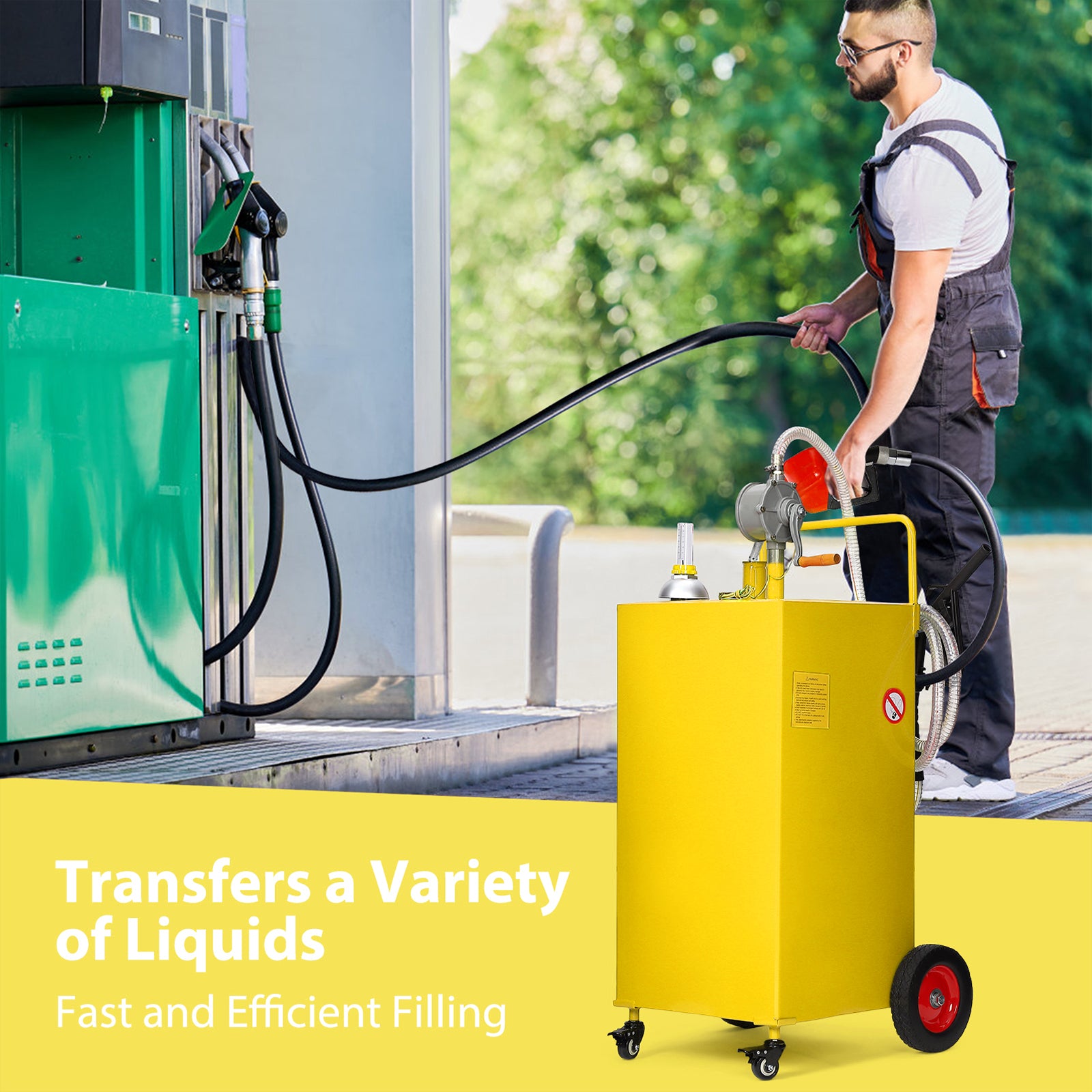 Garvee Heavy Duty Portable Fuel Caddy – 50 Gallon HDPE Transfer Tank with Manual Two-Way Pump, Grounding Wire, Spill-Proof Design, Visible Fuel Gauge – 4 Wheels – For Car, Truck, Boat, Farm, Garage – Yellow