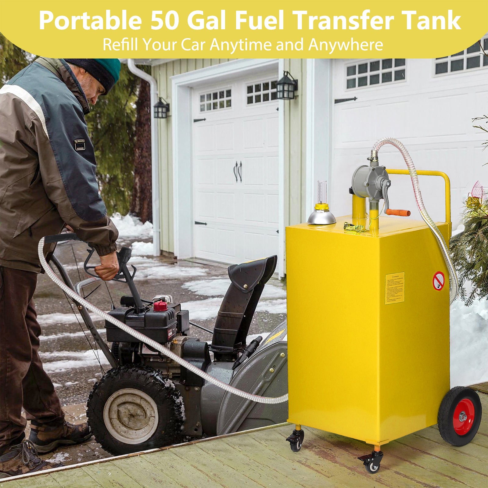 Garvee Heavy Duty Portable Fuel Caddy – 50 Gallon HDPE Transfer Tank with Manual Two-Way Pump, Grounding Wire, Spill-Proof Design, Visible Fuel Gauge – 4 Wheels – For Car, Truck, Boat, Farm, Garage – Yellow