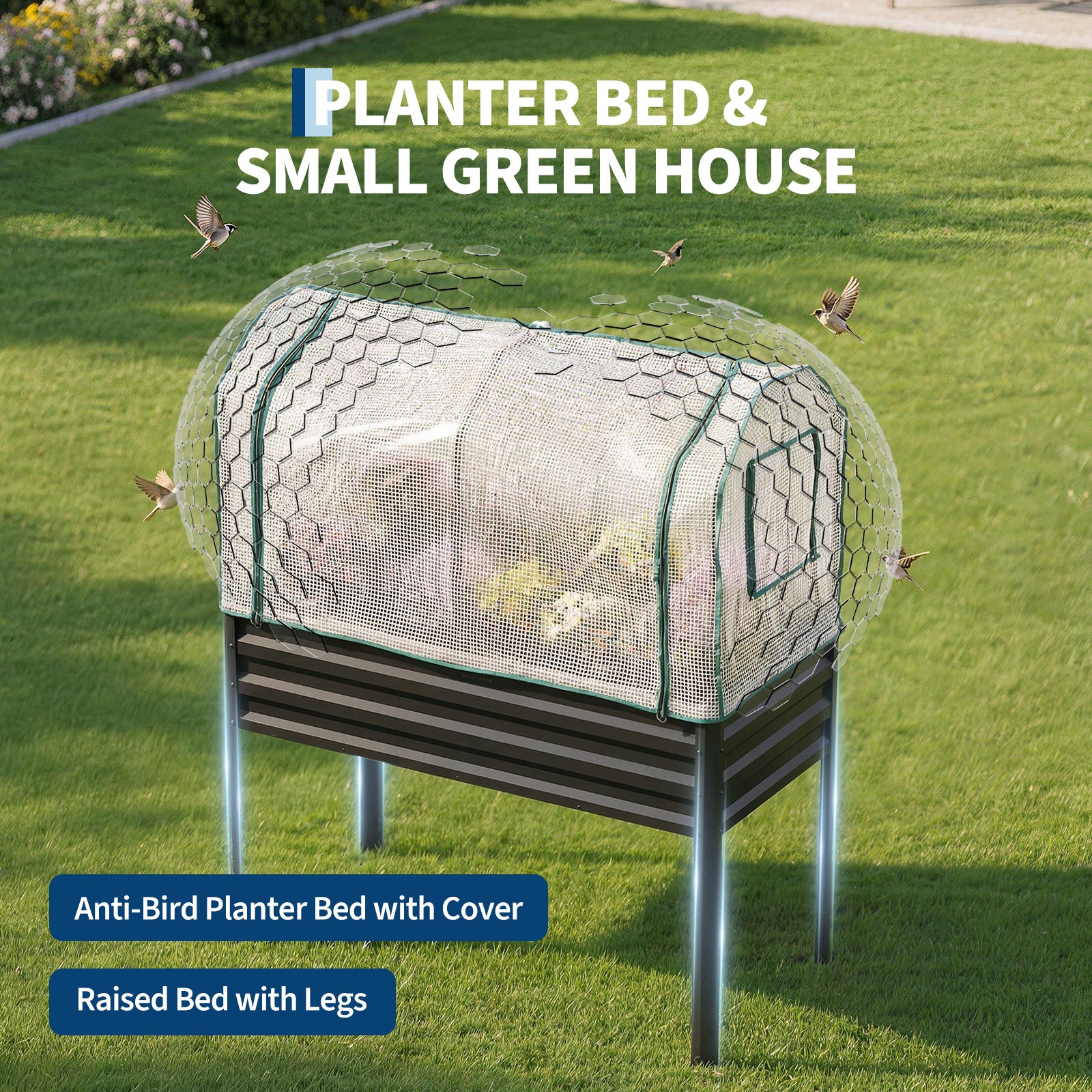 Garvee Raised Garden Bed with Legs 48" × 24" × 55", Black Galvanized Metal Planter with PE Cover, 31.5" Height & Spray Tube