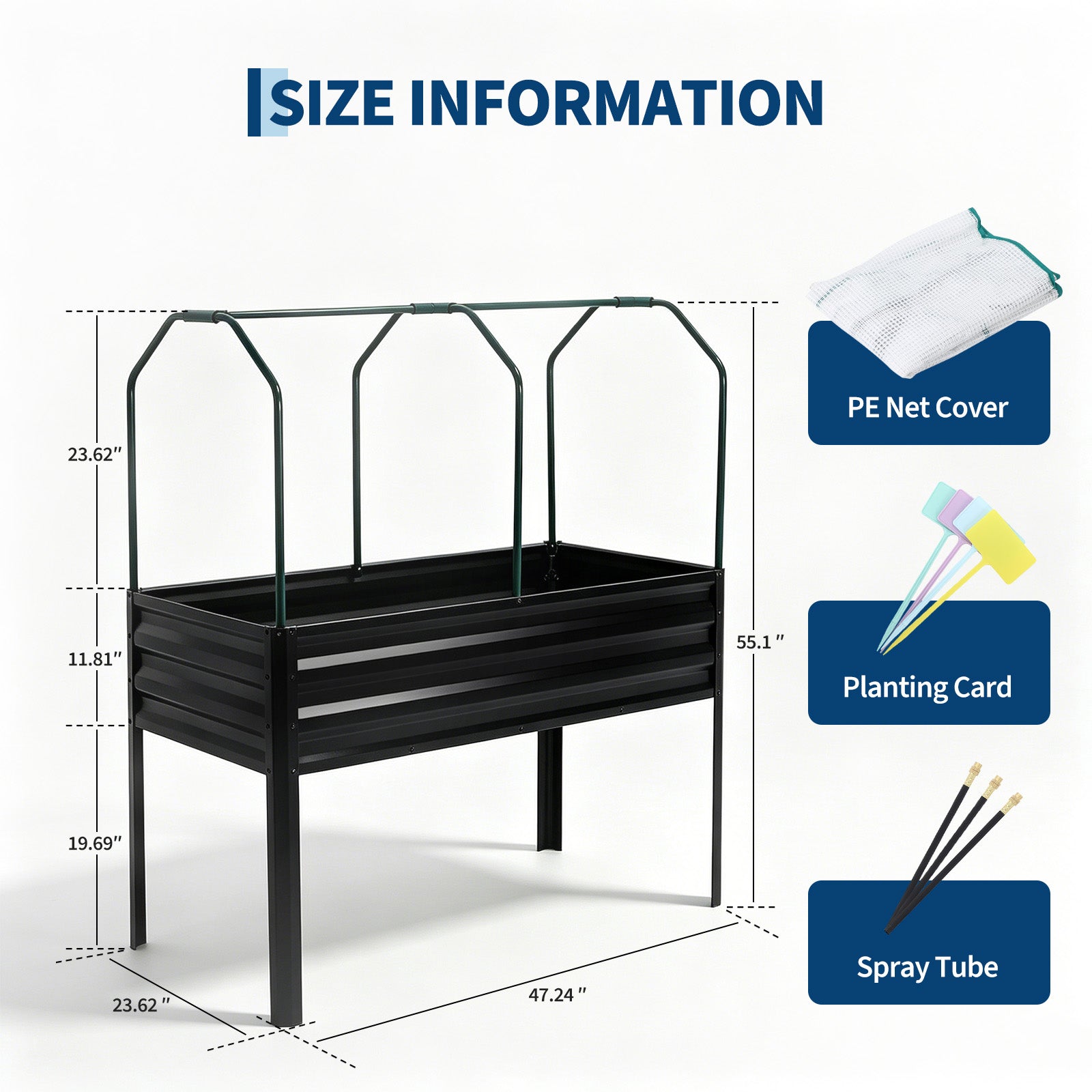 Garvee Raised Garden Bed with Legs 48" × 24" × 55", Black Galvanized Metal Planter with PE Cover, 31.5" Height & Spray Tube