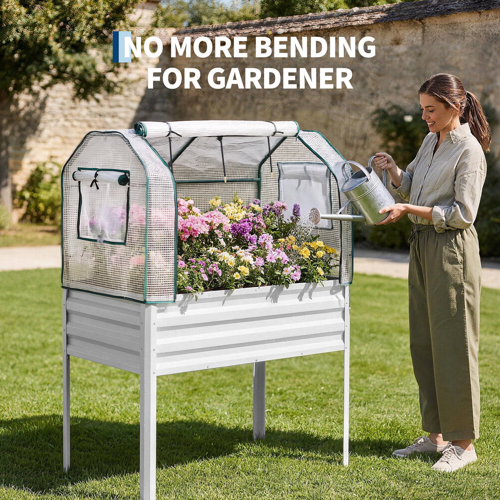 Garvee Raised Garden Bed with Legs 48" × 24" × 55", Silver Galvanized Metal Planter with PE Cover, 31.5" Height & Spray Tube