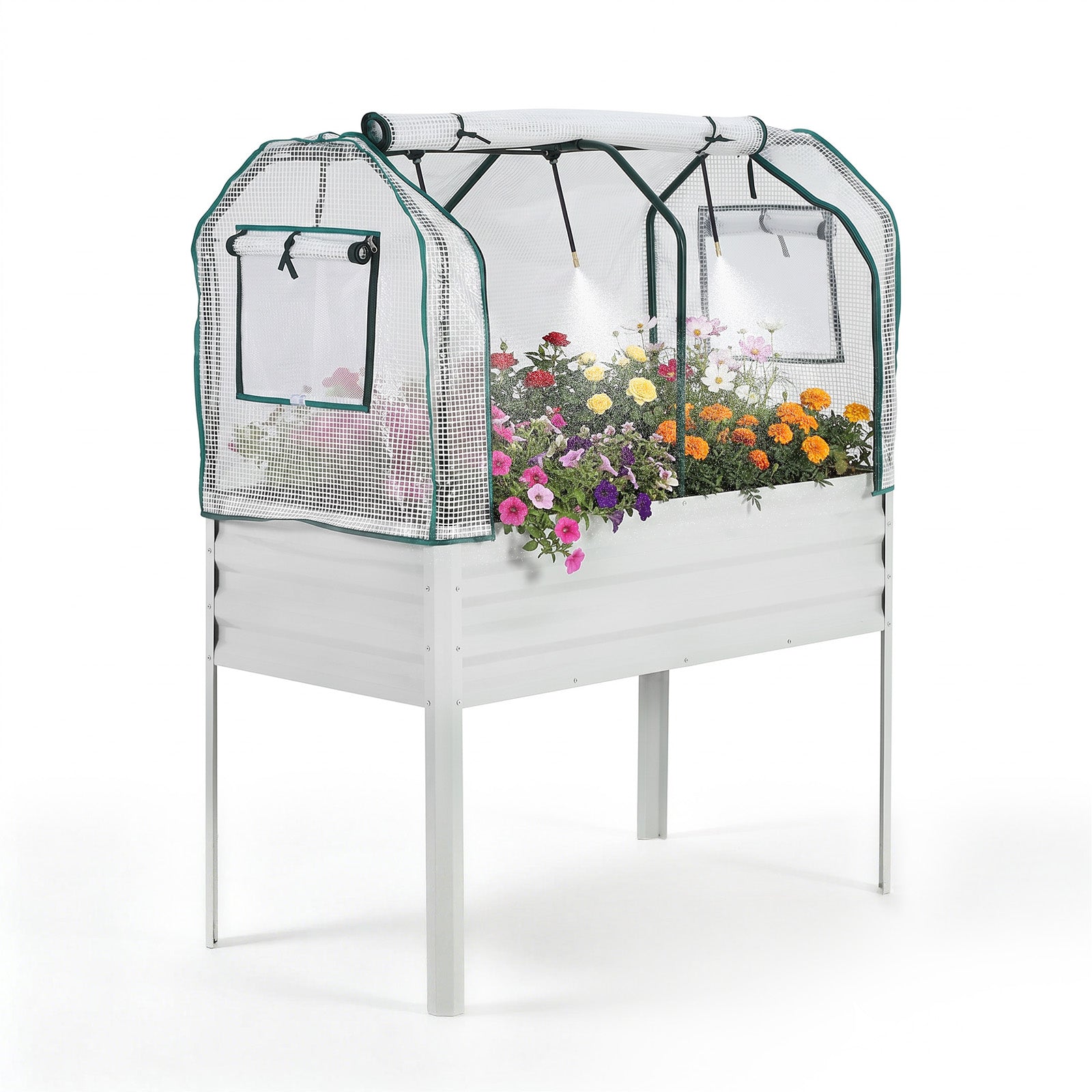 Garvee Raised Garden Bed with Legs 48" × 24" × 55", Silver Galvanized Metal Planter with PE Cover, 31.5" Height & Spray Tube