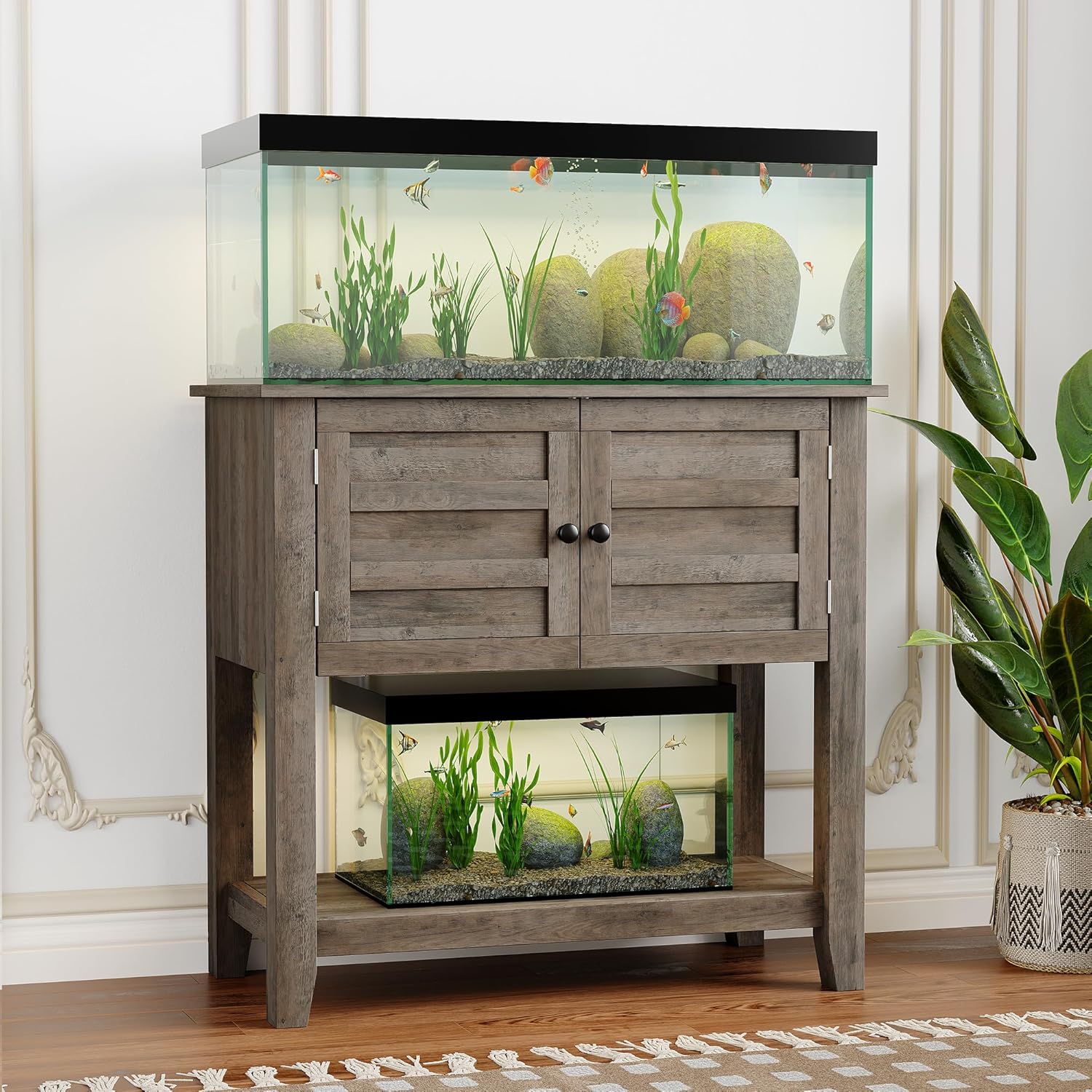 Garvee Heavy Duty Aquarium Stand with Charging Station - 20-29 Gallon Capacity - Dual Tier Storage Cabinet - Magnetic Double Doors - Anti-Tip Design - Modern Living Room Furniture Set - Gray
