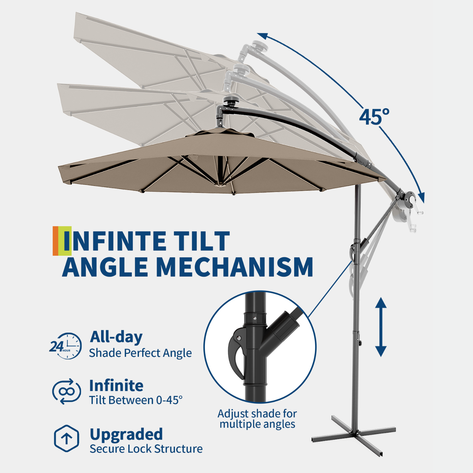Garvee 10' Cantilever Umbrella with 360 Rotating Base, UV Protection Offset Patio Umbrella 11 Ribs Outdoor Sun Shade with Easy Tilt Adjustment for Backyard, Lawn, Garden, Tan