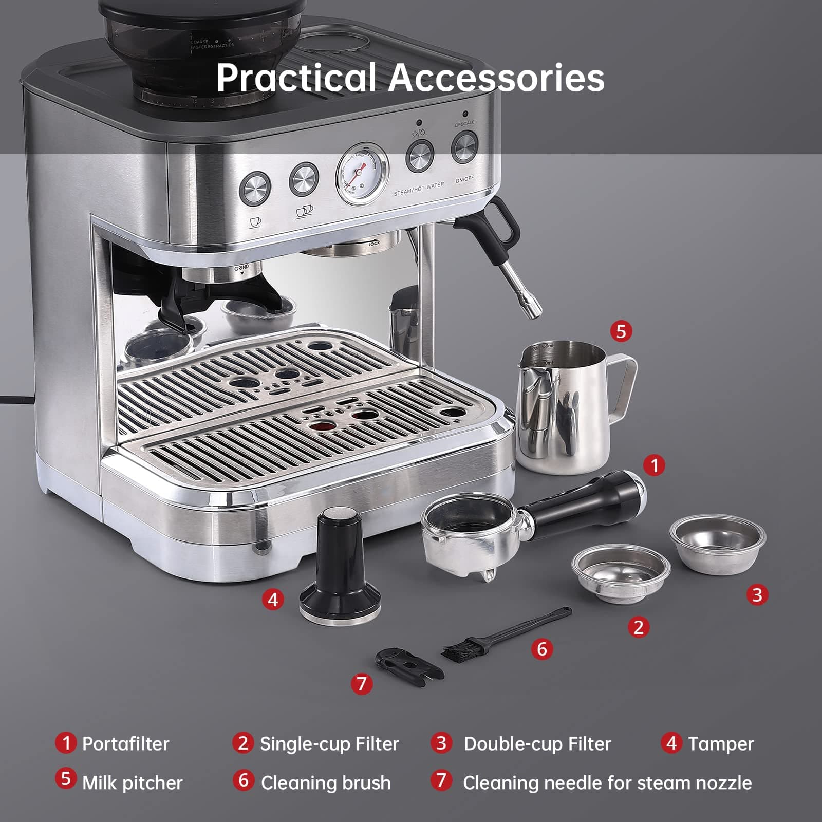 15 Bar Espresso Machine with Grinder & Milk Frother, Automatic