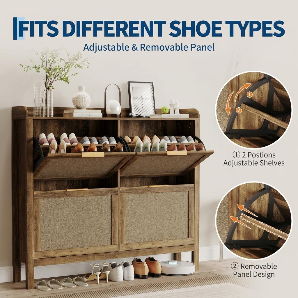 Garvee Rattan Shoe Storage Cabinet with 4 Flip Drawers Adjustable Shelves for 40 Pair Shoes Brown Boho Entryway Hallway 47 Inch