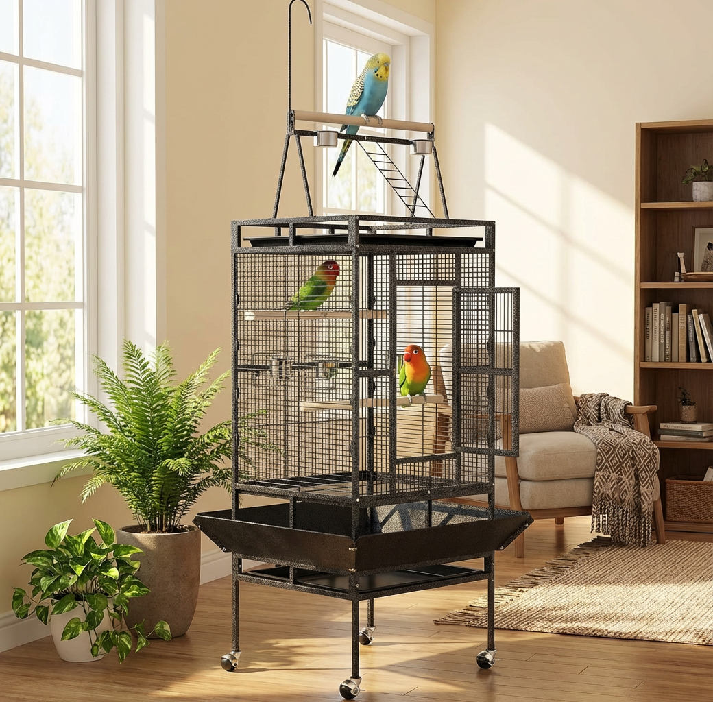Garvee Extra Large 82" Parrot Cage with Play Top & Rolling Stand, Heavy Duty Wrought Iron Aviary – Spacious, Secure, Easy to Clean – Removable Tray & Rope Perch – Ideal for Parrots, Parakeets