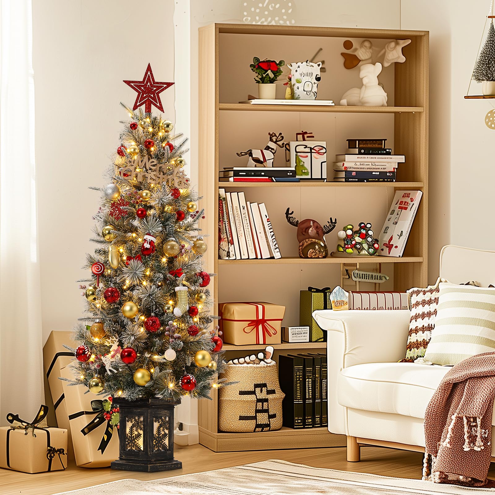 Garvee 4.5ft Christmas Tree, Pre-Lit Artificial Christmas Tree with Snowflake Base, 200 LEDs & 8 Lighting Modes, Prelit Xmas Pine Tree Christmas Decoration for Yard, Home, Office, Entrances