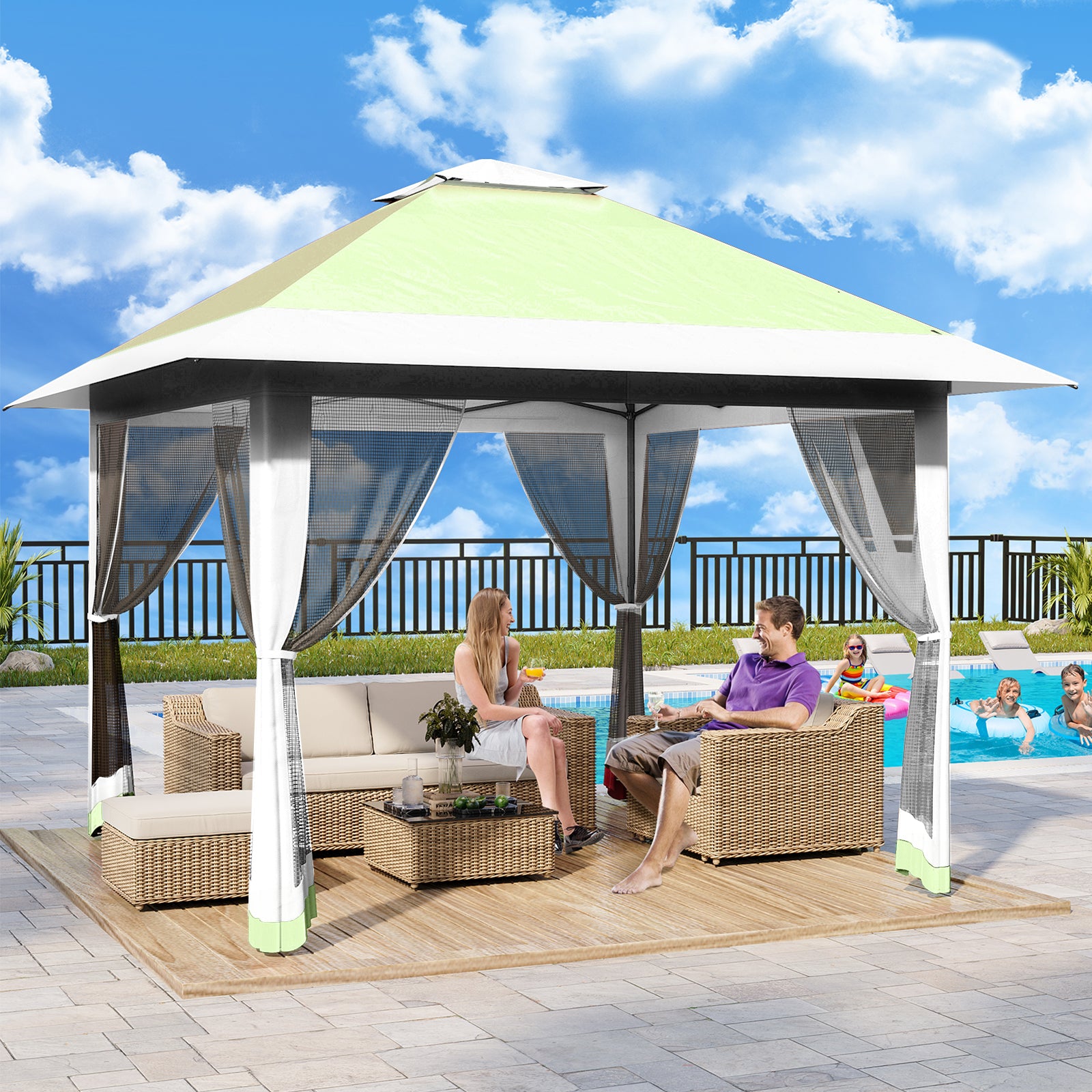 Garvee 13'x13' Quick-Setup Pop-Up Canopy Tent with Mosquito Netting Foldable Shelter for Backyards, Parties, Camping & Commercial Use, (Green+ Light Grey)