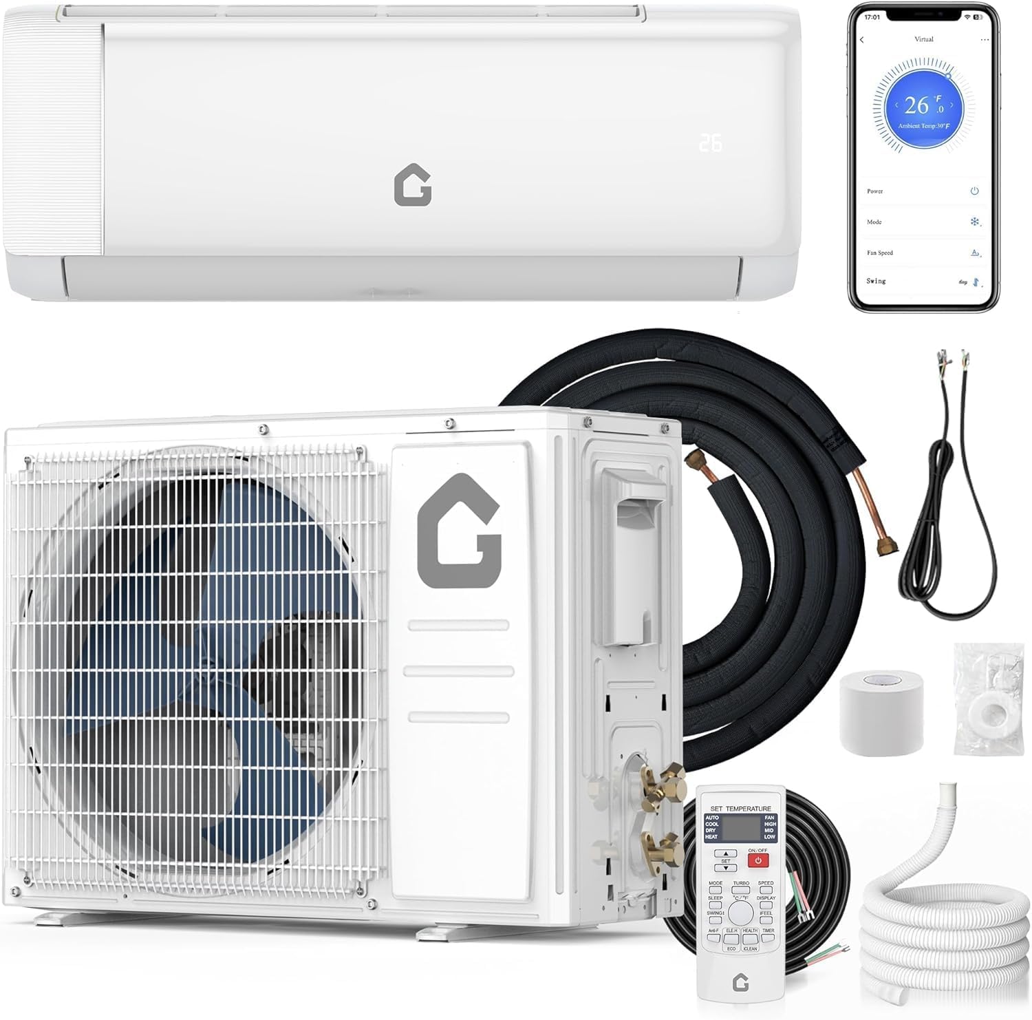 Garvee 7-in-1 Ductless Mini Split Air Conditioner & Heat Pump, 24000 BTU, 21 SEER2, Inverter, WiFi & Alexa Compatible, 208-230V, Cools & Heats up to 1500 Sq.Ft, R32/R35, 7 Fan Speeds, Eco Mode - US Standard