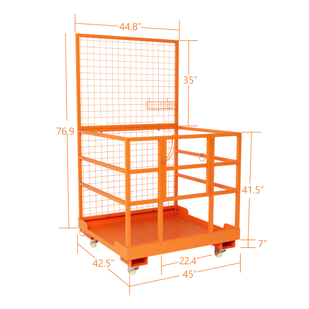 Garvee 43x45 Inch Forklift Safety Cage, 1800LBS Capacity Forklift Man Basket Work Platform with Guardrail and Safety Lock for 1-3 People, 2 Wheels with Brakes and 2 Wheels Without Brakes