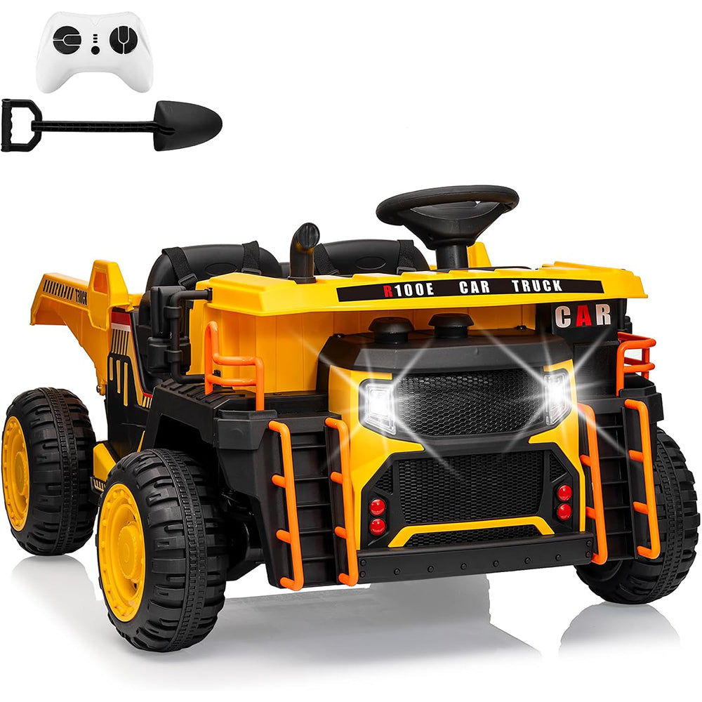 Garvee Ride - P Series: 24V Ride On Dump Truck, 2 Seater Electric Cars for Kids with Remote Control, Dump Bed, Shovel, Music, Led, Wheel Shock Absorption,Ride On Construction Vehicle Four- for Kids 3+,Yellow