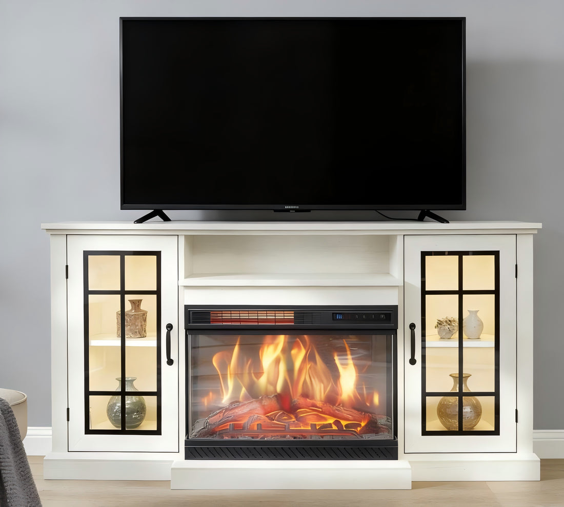 Garvee 59" 3-Sided Glass Fireplace TV Stand for TVs up to 65" - Rustic Distressed White, LED Lights, Electric Fireplace, Glass Door Storage - Living Room
