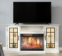 Garvee 59" 3-Sided Glass Fireplace TV Stand for TVs up to 65" - Rustic Distressed White, LED Lights, Electric Fireplace, Glass Door Storage - Living Room