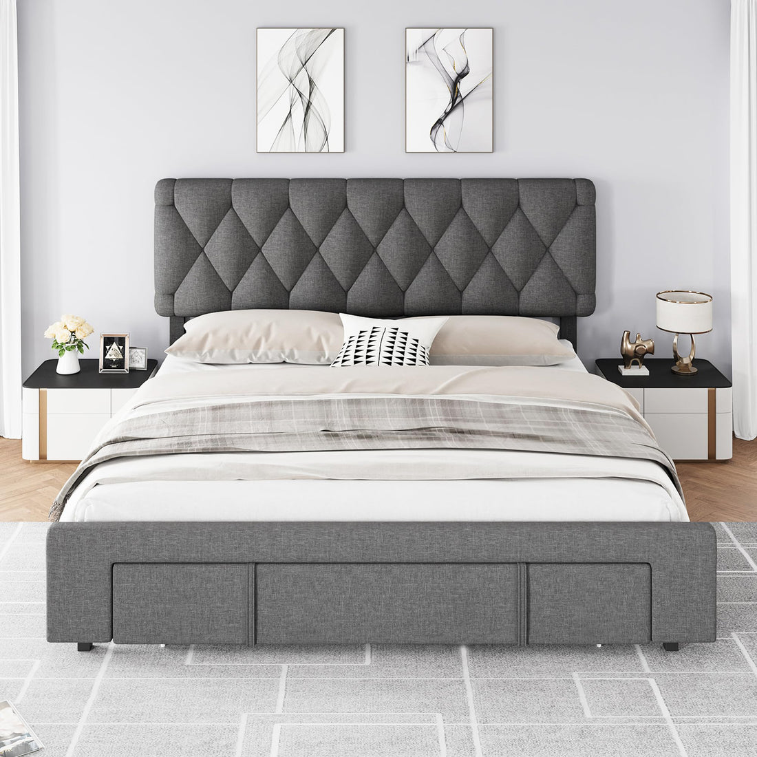 Garvee Full Size Bed Frame, Upholstered Platform Bed Frame with Storage Drawer, Mattress Foundation with Solid Wooden Slats Support, No Box Spring Needed, Grey
