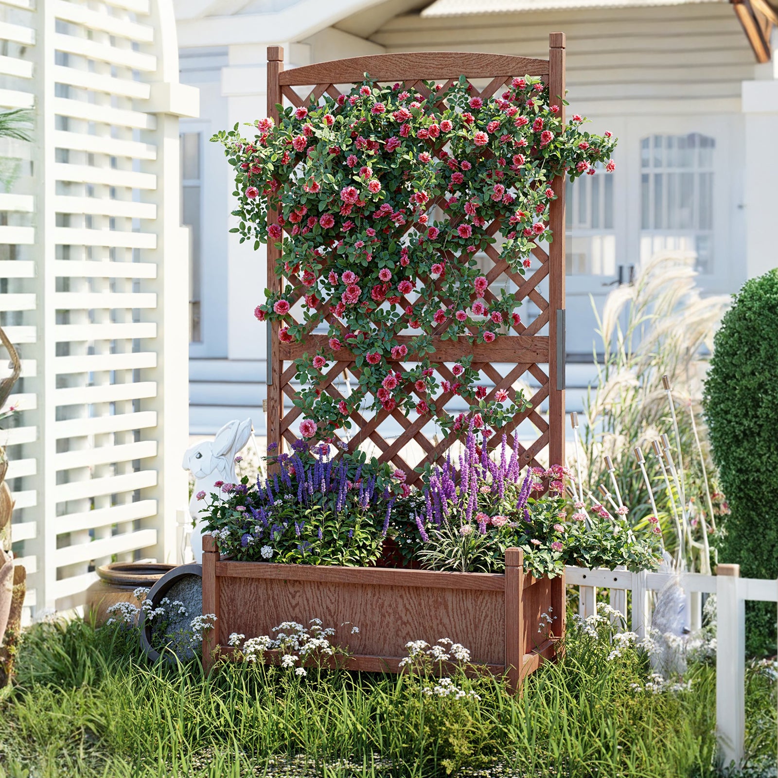 Garvee 29.5"x13"x60" Wood Planter Box with Trellis - Raised Garden Bed with Wheels, Vertical Standing Planter with Drainage Holes for Patio Garden