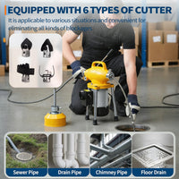 Garvee Drain Auger Sewer Snake Portable Electric Drain Cleaner with Auto Feed, 500W Motor, Steel Cables & 6 Cutters, Heavy-Duty Steel, Yellow, for 1.6-4" Pipes, Home & Professional Use