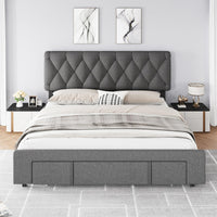 Garvee Queen Size Bed Frame, Upholstered Platform Bed Frame with Storage Drawers, Mattress Foundation with Solid Wooden Slats Support, No Box Spring Needed, Grey