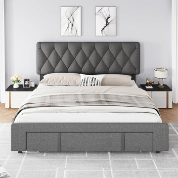 Garvee Queen Size Bed Frame, Upholstered Platform Bed Frame with Storage Drawers, Mattress Foundation with Solid Wooden Slats Support, No Box Spring Needed, Grey