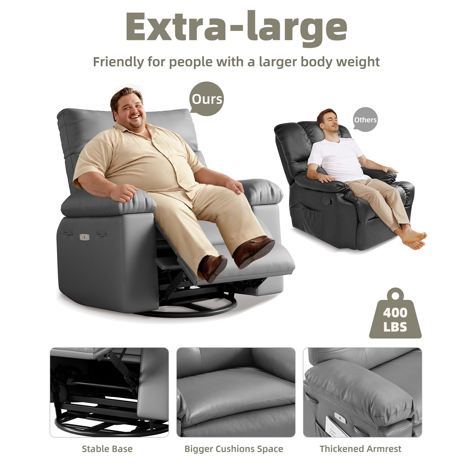 Garvee Power Recliner Chair, Rocking Recliner for Adults, Swivel Recliner with Massage, Upholstered Fabric Glider Recliner Nursery Chair, Single Sofa Seat with Side Pockets for Living Room, Grey