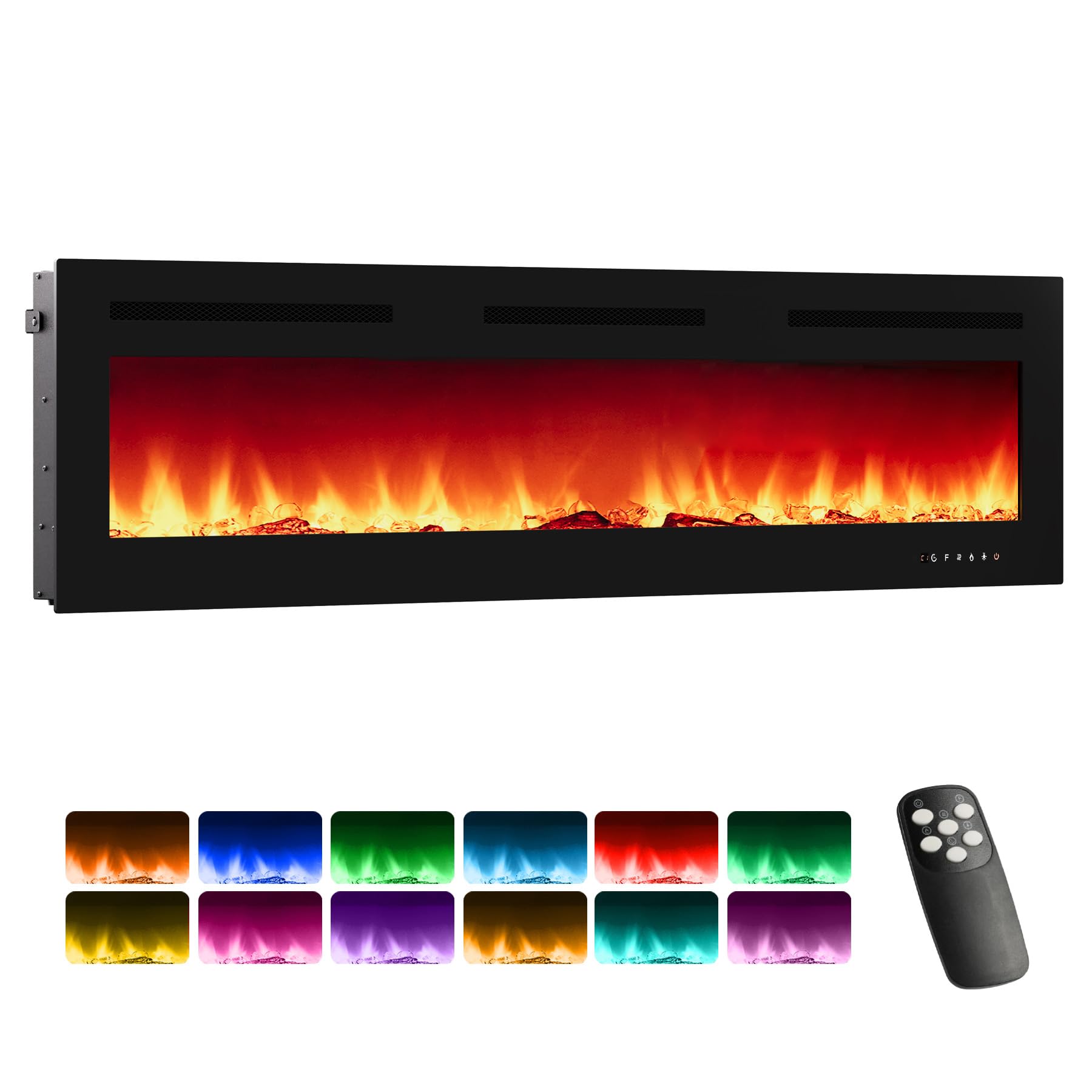 Garvee 72" Electric Fireplace Linear Heater 750/1500W Dual Heat, 12 Flame Colors, Remote & Touch Control, Wall Recessed/Mounted, Modern Living Room