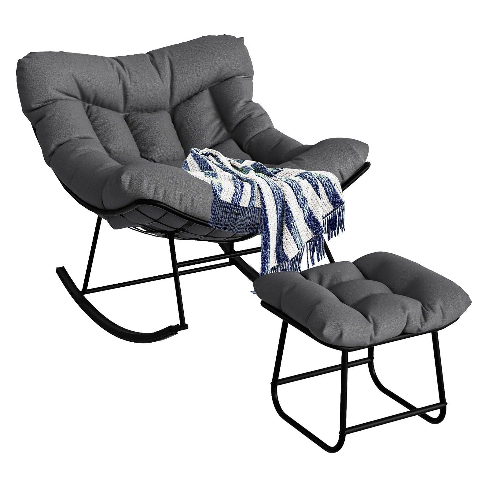 Garvee Papasan Rocking Chair with Footrest, Metal Patio Lounge Rocking Chair with Ottoman & Thick Cushion, Patio Comfy Modern Egg Rocker for Balcony Backyard Porch Bedroom, Dark Grey