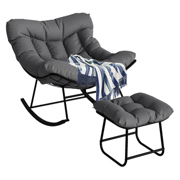 Garvee Papasan Rocking Chair with Footrest, Metal Patio Lounge Rocking Chair with Ottoman & Thick Cushion, Patio Comfy Modern Egg Rocker for Balcony Backyard Porch Bedroom, Dark Grey