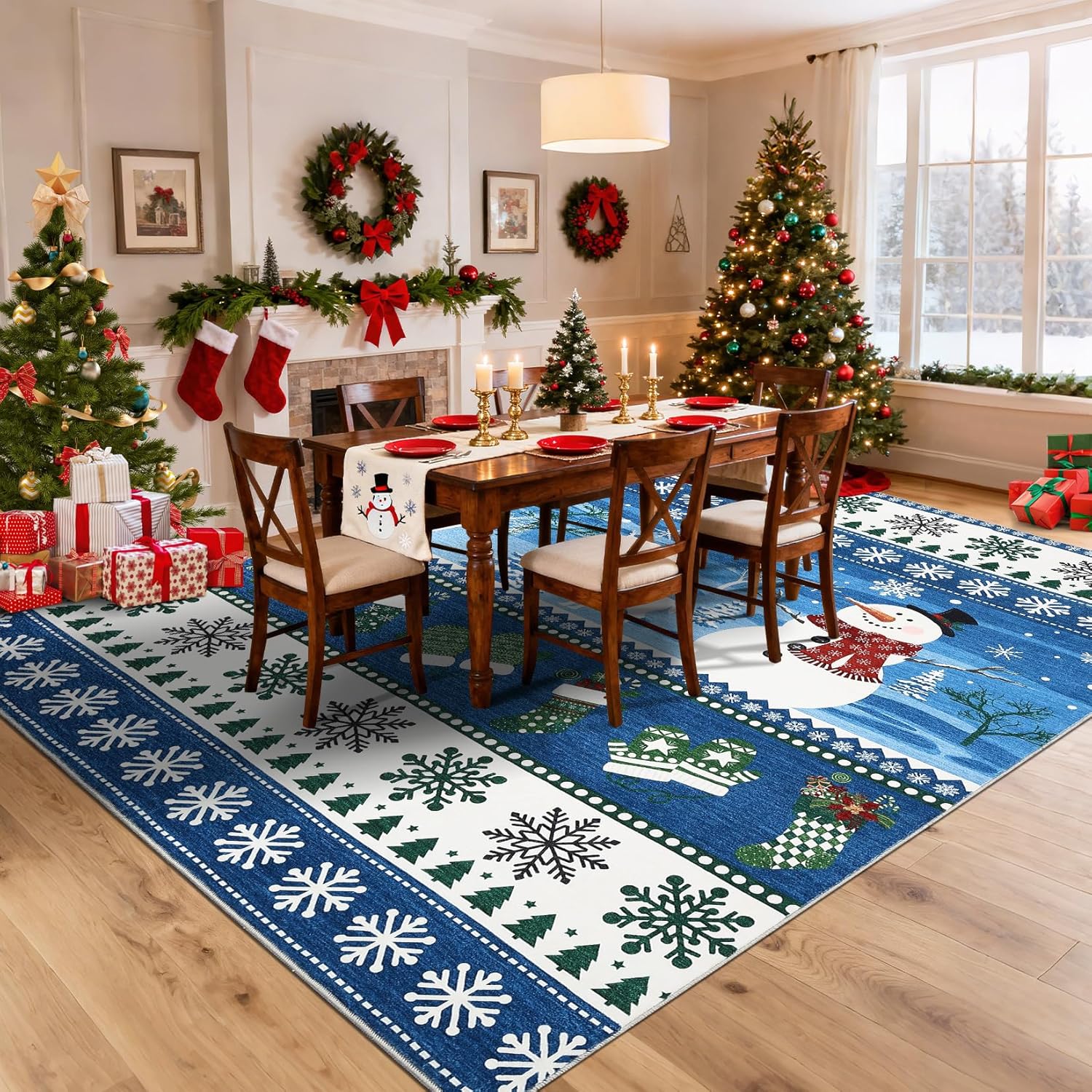Garvee Blue 9x12 Washable Area Rug Christmas Living Room Rugs Non Slip Snowman Large Bedroom Carpet Xmas Festival Soft Stain Resistant Throw Carpet Indoor for Nursery Kids Room
