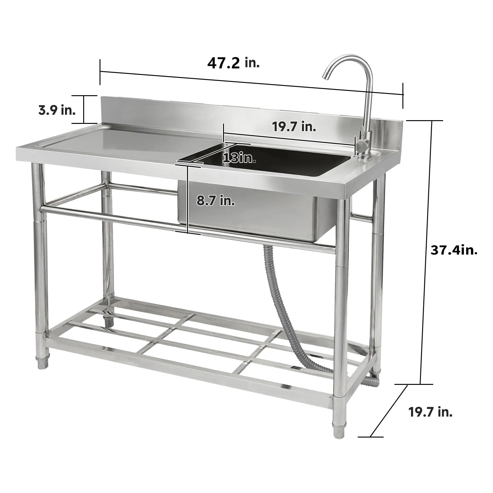 GARVEE 47.2"W x 19.7"D x 37.4"H Freestanding Stainless Steel Utility Sink - Single Bowl Prep Sink with Workbench, Hot & Cold Water Pipes, and Faucet for Restaurants, Laundry Rooms, Garages, Bars, and Workshops