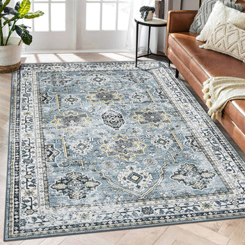 Garvee Blue 9x12 Washable Rugs for Living Room Boho Vintage Rug Non Slip Large Area Rug Soft Non Shedding Throw Rugs Stain Resistant Carpet for Bedroom Office Dining Room Nursery