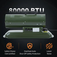 Garvee 80000 BTU Forced Air Diesel and Kerosene Heater, Thermostat Control, Portable for Outside, Jobsite, Garage, Construction, Green