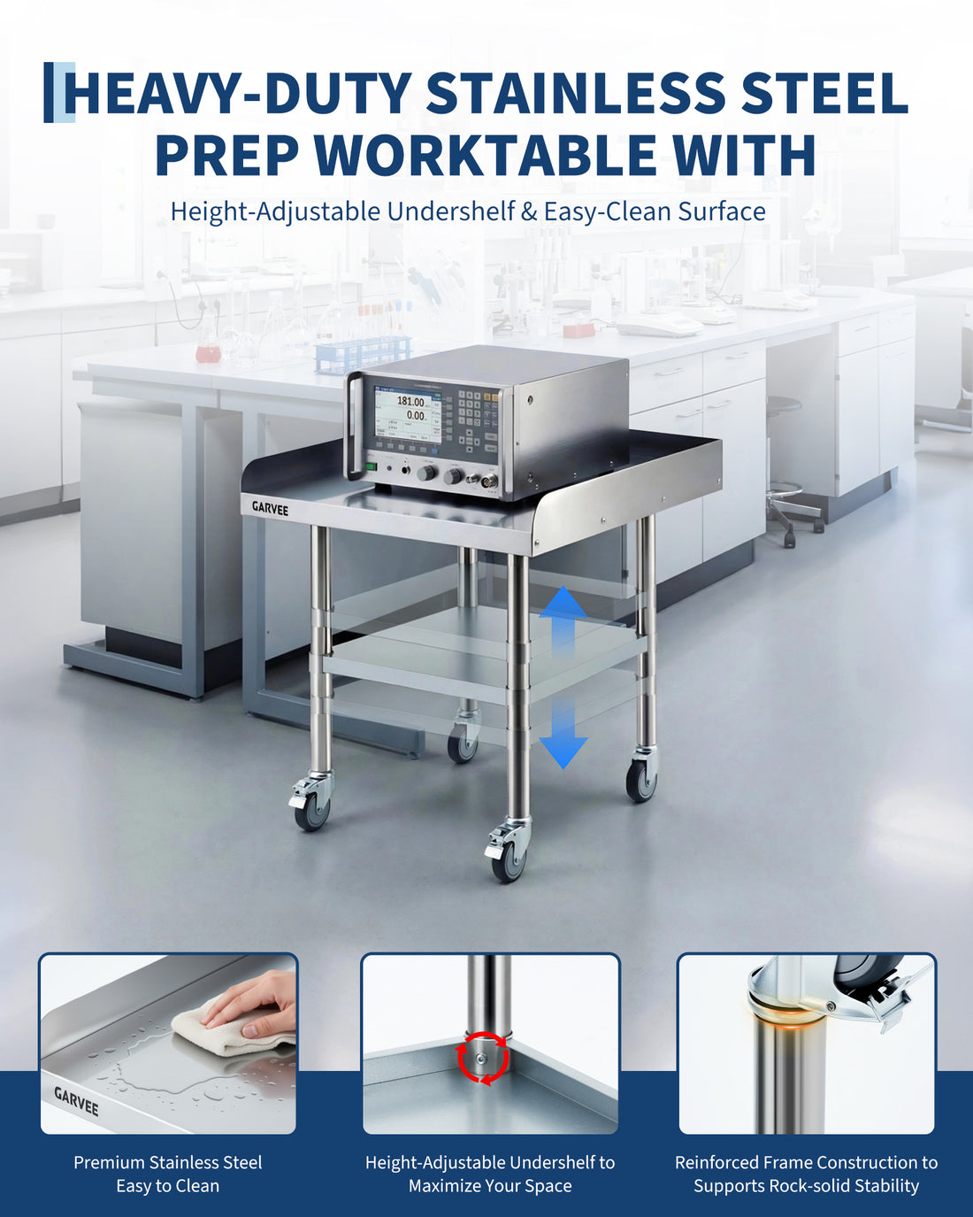 Garvee Heavy Duty Stainless Steel Commercial Work Table - 24x30 Inch - 3-Sided Detachable Backsplash - Adjustable Undershelf - Locking Casters - Mobile Food Prep Station for Restaurant, Kitchen, Garage, Bakery - Size: 24x30 inches