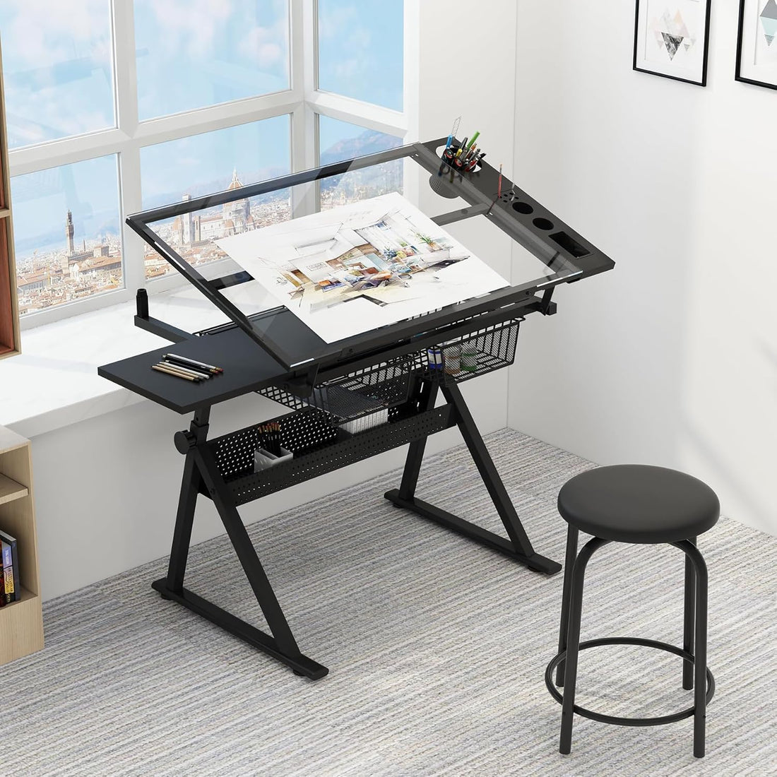 Garvee Drafting Table Adjustable Height Tilting Glass Top Steel Frame 2 Drawers Stool Black Home Office Art Craft