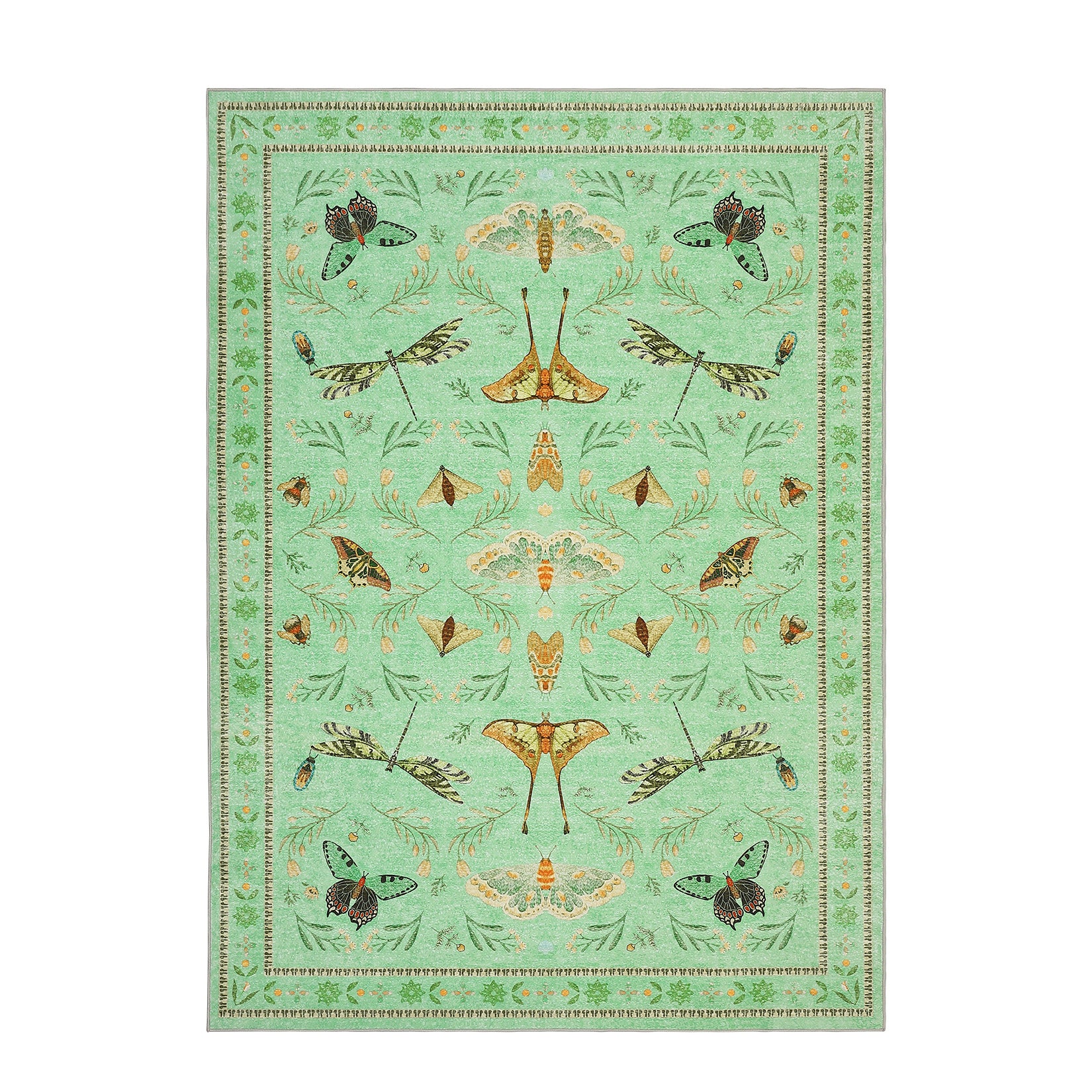 Garvee 8' x 10' Botanical Insect Area Rug, Washable Non-Slip Soft Low-Pile Moth, Butterfly & Dragonfly Rug for Living Room & Dining Room, Light Green
