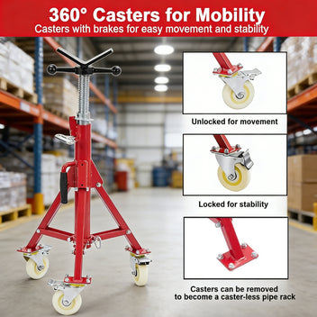 Garvee Adjustable V-Head Pipe Jack Stand with Casters, 28-52 Inch Height, 2500 lb Capacity, Heavy Duty Carbon Steel, Foldable & Portable, Corrosion-Resistant, Suitable for Various Applications
