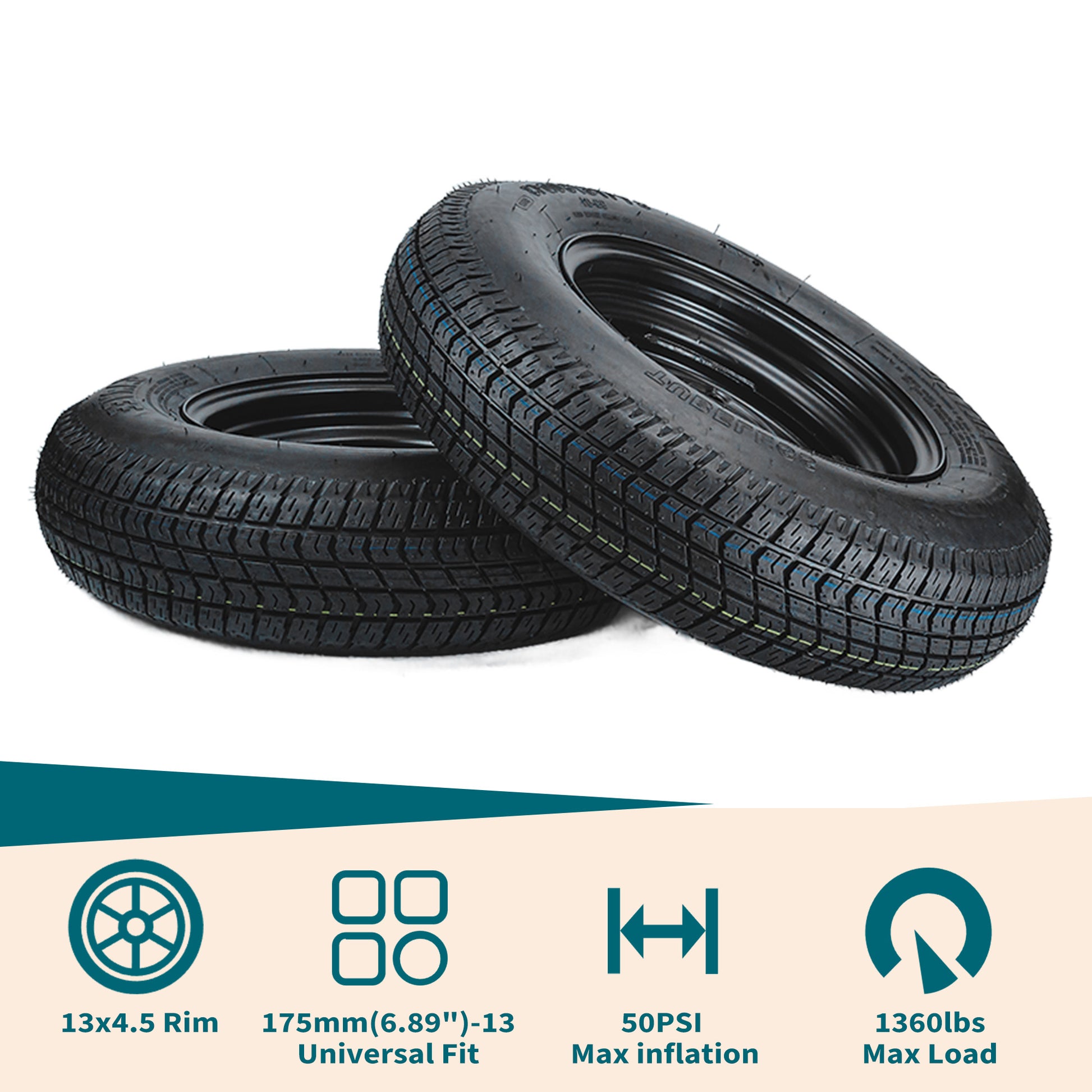 Garvee 2-Pack ST175/80D13 Trailer Tires on 13" Rims, 5 Lug 4.5" PCD, Load Range C 6PR, Black Trailer Wheels