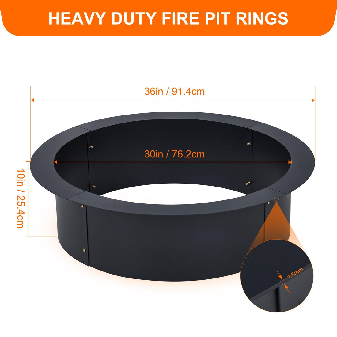 Garvee 30" Fire Pit Ring - 1.5mm Rust-Resistant Steel, 36" Outer Diameter, Customizable for In-Ground or Above-Ground Outdoor Use