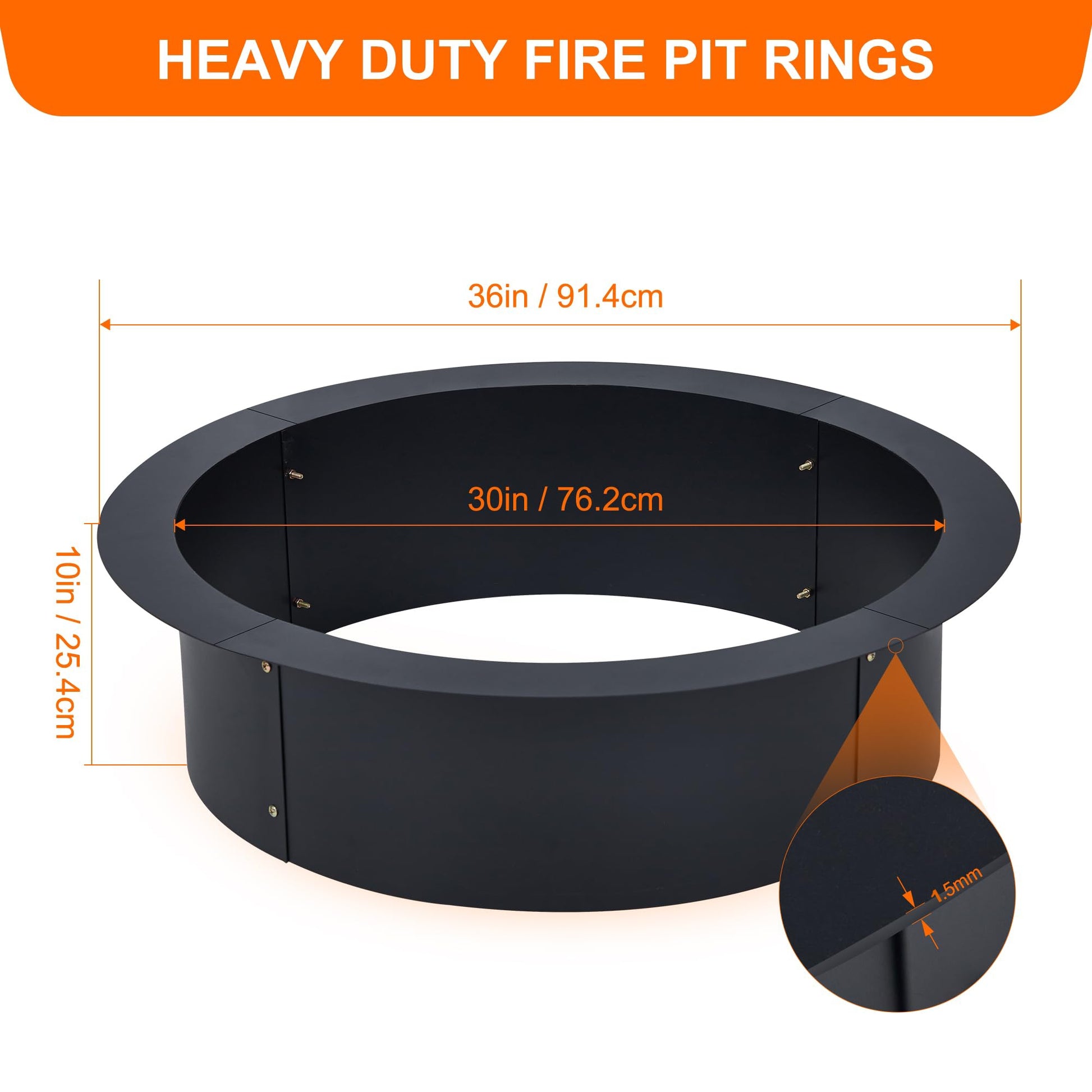 Garvee 30" Fire Pit Ring - 1.5mm Rust-Resistant Steel, 36" Outer Diameter, Customizable for In-Ground or Above-Ground Outdoor Use