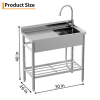 Garvee 16"D x 30"W x 40"H Free Standing Stainless Steel Sink with Hot and Cold Water Plumbing for Kitchen, Bathroom, Bar, Restaurant, Outdoor Use, Adjustable Legs, Silver
