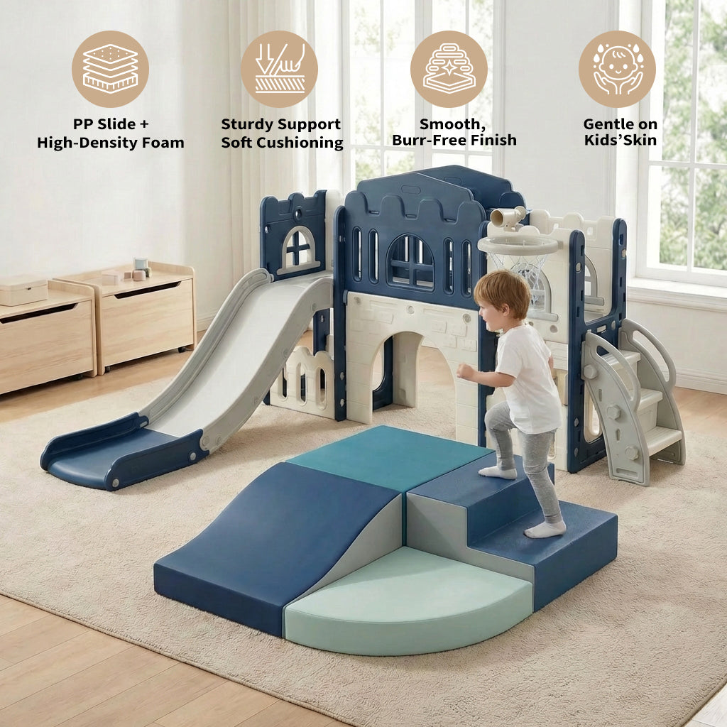 Garvee Toddler Indoor Playground - 8-in-1 Castle Slide Set with Tunnel, Basketball Hoop, and Soft Foam Climbing Blocks for Ages 1+