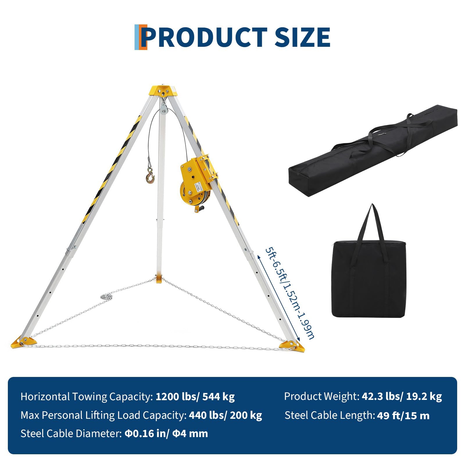 Garvee Confined Space Tripod Kit 1200 lbs Winch, 6.5' Steel Legs, 49' Cable, Anti-Rotation Pulley, Telescoping Legs, Storage Bag, Rescue Operations