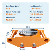 Garvee 4PCS Machinery Skates Heavy Duty Machine Moving Dolly with 360° Rotation Disc and 4 PU Wheels for Equipment Moving, 6T Capacity, Orange