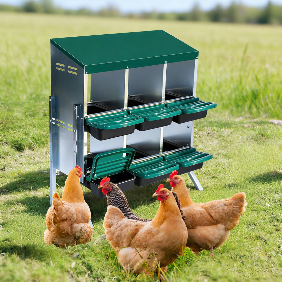 Garvee Nesting Boxes for Chickens, 6 Compartment Roll Away Nesting Box with Egg Collection, Perch, Lid Cover for Egg Protection, Wall Mount/Free Standing Nest Box for Chickens