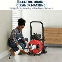 Garvee Drain Cleaner Machine 100FT x 3/8 Inch Steel Core Cable Portable 370W Electric Drain Cleaning Machine With Sewer Auger Cutter Air-Activated Foot Switch Wheels For Commercial Home