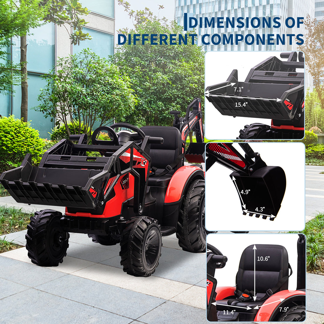 Garvee Ride P Series 3-in-1 Ride-On Tractor, 24V Electric, Excavator & Bulldozer, Remote Control, LED, Music, USB/Bluetooth max 66 lbs - Bright-red