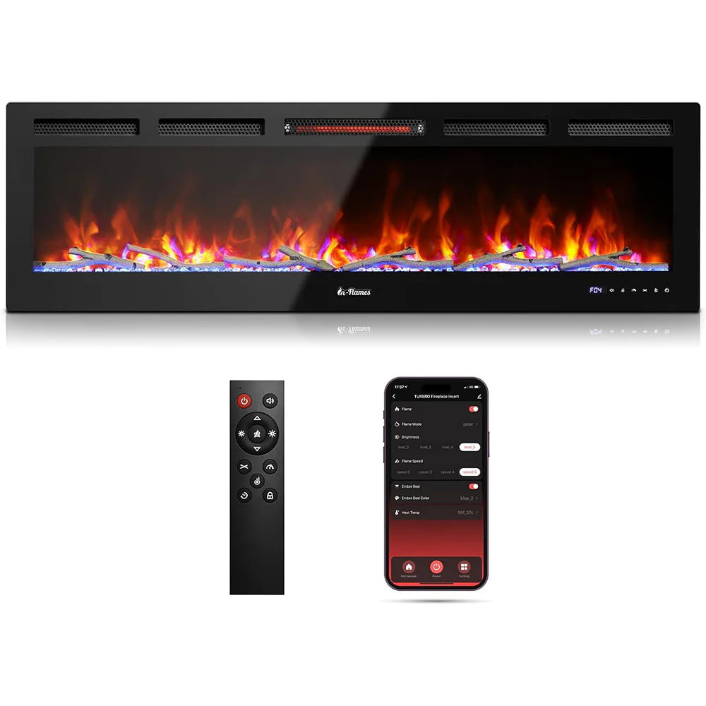 Garvee 72 Inch Recessed and Wall Mounted Electric Fireplace Insert, 1500W Heater with WiFi App and Alexa Control, 12 LED Flame Levels and 5 Speeds, Remote and Touch Screen, Black