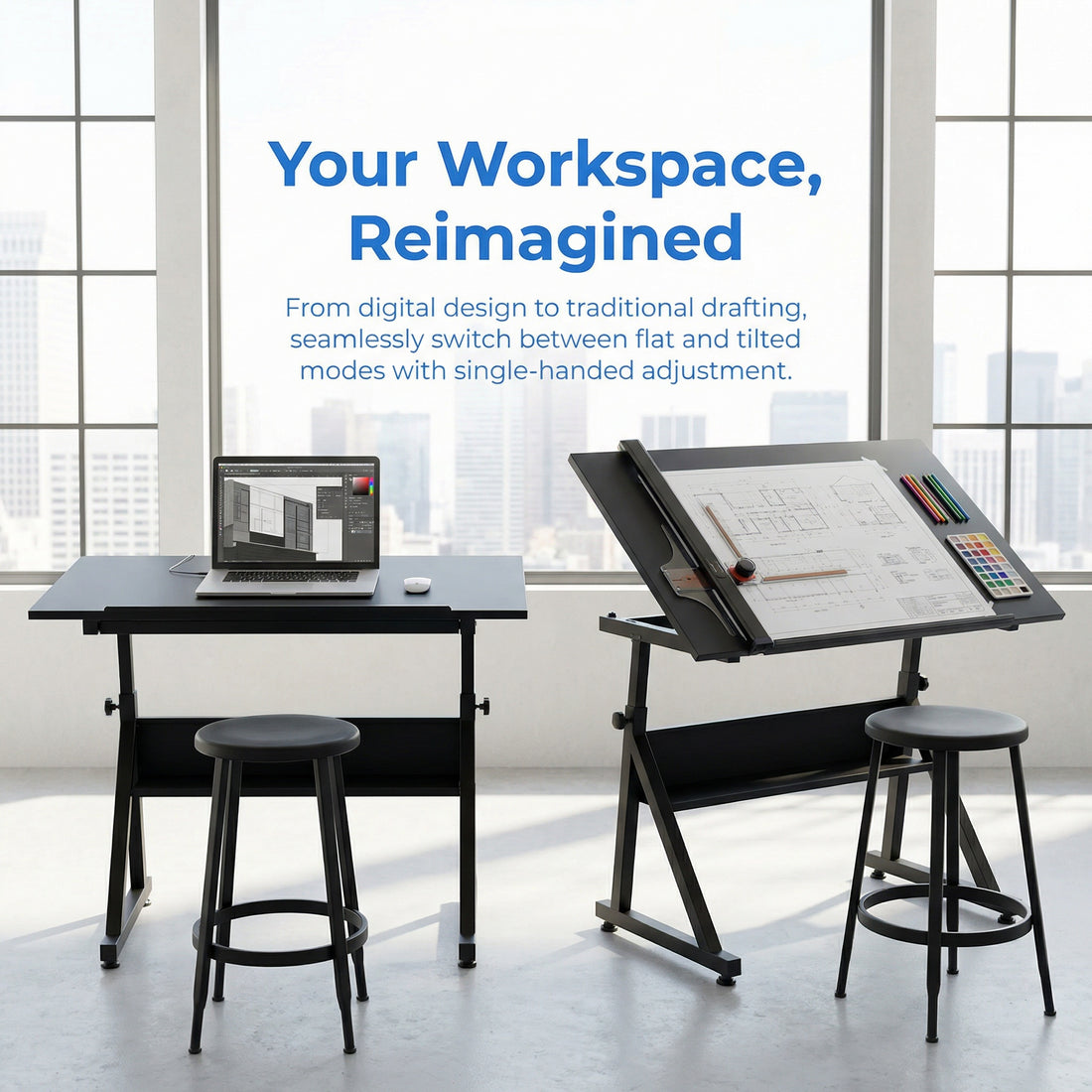 Garvee Drafting Table Adjustable Height Tilting Glass Top Steel Frame 2 Drawers Stool Black Home Office Art Craft